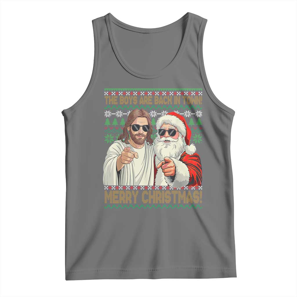 The Boys Are Back in Town Funny Christmas Tank Top Cool Santa and Jesus Holiday Humor TS02 Black Heather Print Your Wear