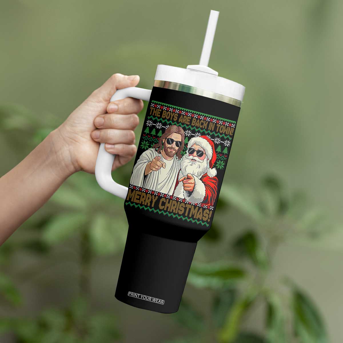 The Boys Are Back in Town Funny Christmas Tumbler With Handle Cool Santa and Jesus Holiday Humor TS02 Print Your Wear