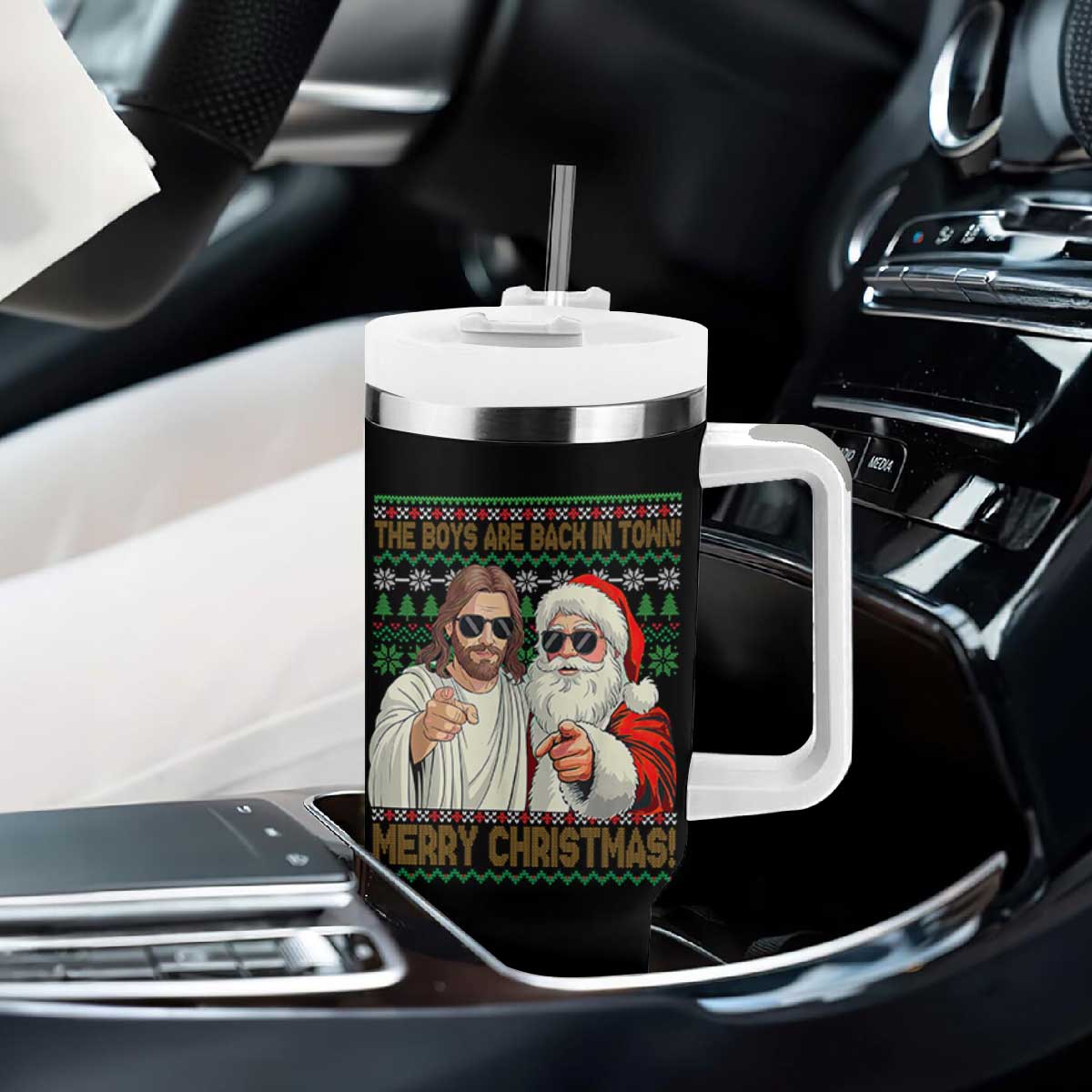 The Boys Are Back in Town Funny Christmas Tumbler With Handle Cool Santa and Jesus Holiday Humor TS02 Print Your Wear