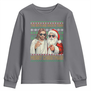 The Boys Are Back in Town Funny Christmas Youth Sweatshirt Cool Santa and Jesus Holiday Humor TS02 Charcoal Print Your Wear