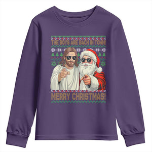 The Boys Are Back in Town Funny Christmas Youth Sweatshirt Cool Santa and Jesus Holiday Humor TS02 Purple Print Your Wear