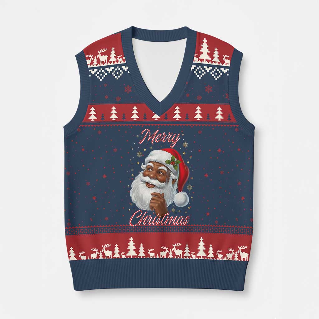 Merry Xmas Black Santa Claus V-Neck Knit Sweater Vest Retro Nostalgic Festive Holiday TS02 Navy Red Print Your Wear