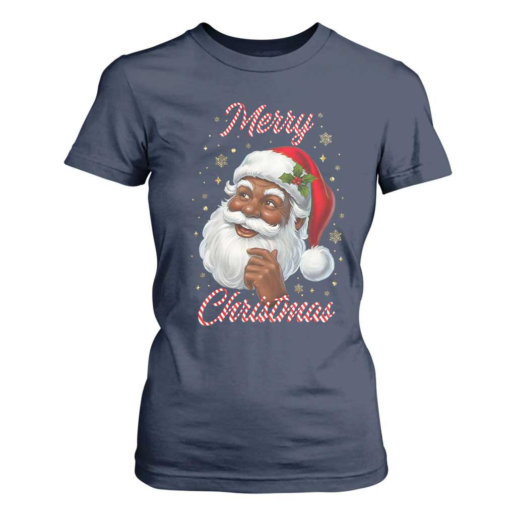 Merry Christmas Black Santa Claus T Shirt For Women Retro Nostalgic Festive Holiday TS02 Navy Print Your Wear