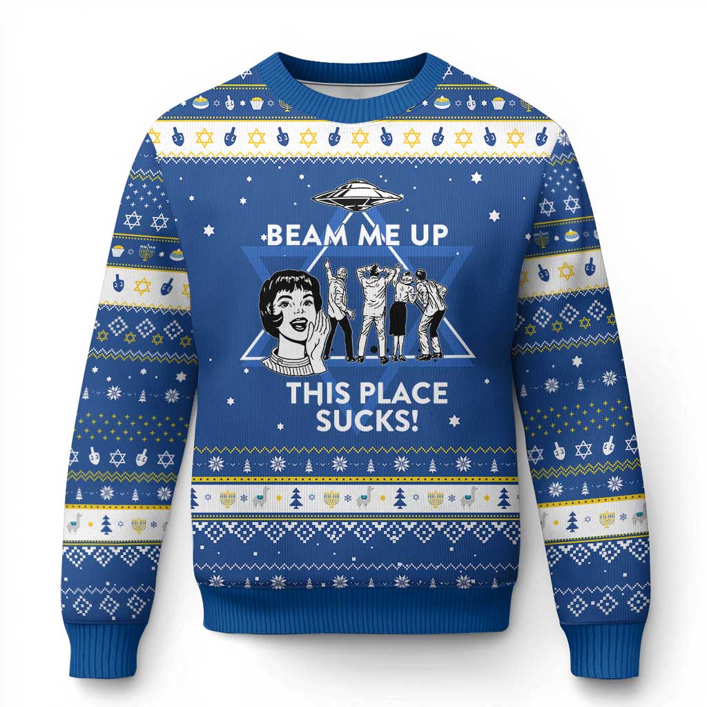 Beam Me Up This Place Suck Hanukkah Ugly Sweater Retro Alien Abduction Meme Sci-Fi Humor Fans TS02 Blue White Print Your Wear