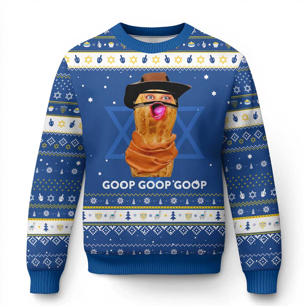 Goop Goop Goop Meme Hanukkah Ugly Sweater Unhinged Cowboy Peanut Core Weirdos TS02 Blue White Print Your Wear