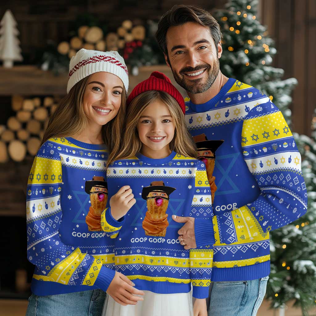 Goop Goop Goop Meme Hanukkah Ugly Sweater Unhinged Cowboy Peanut Core Weirdos TS02 Royal Blue Gold Print Your Wear