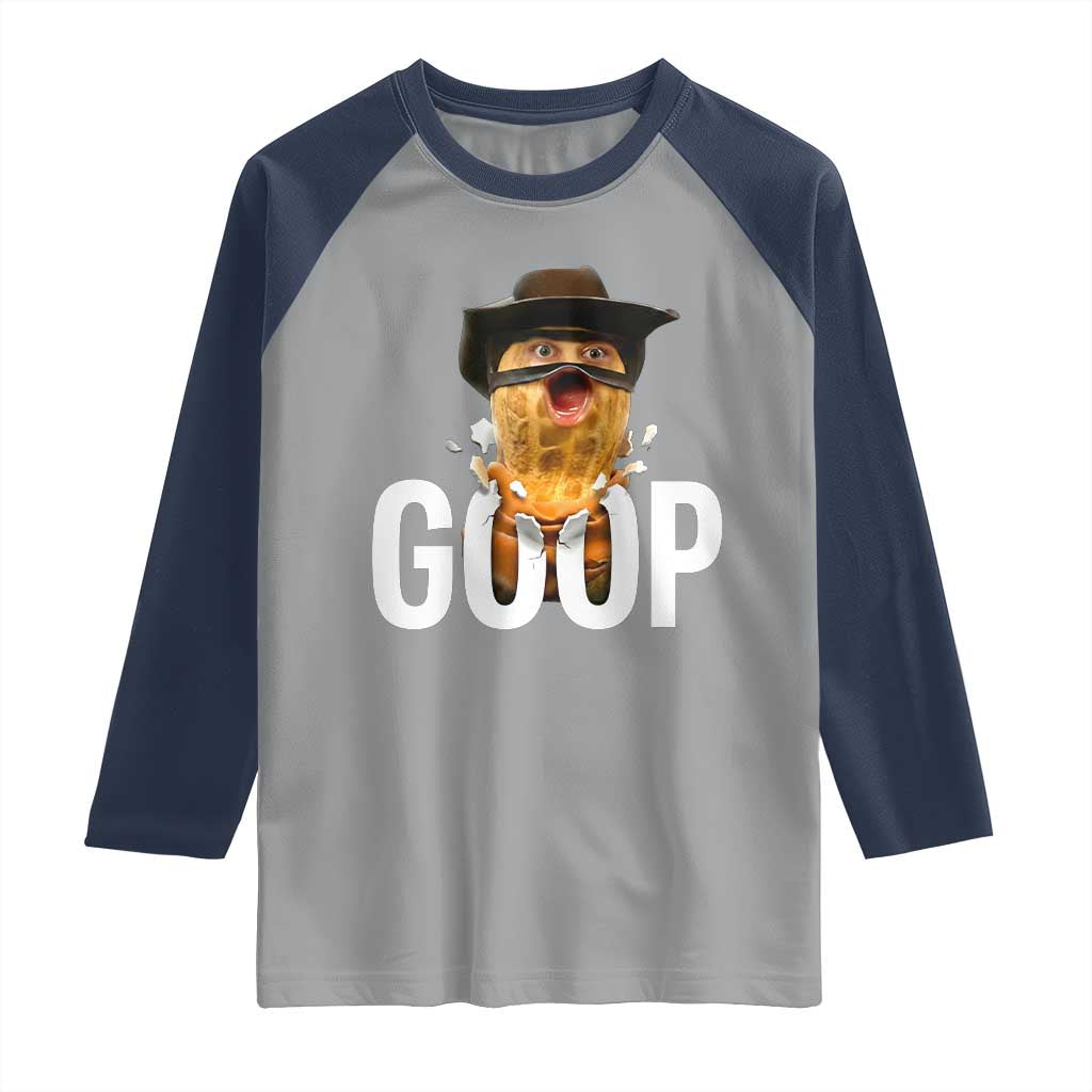 Goop Meme Explosion Raglan Shirt Screaming Peanut Cowboy Brainrot Energy TS02 Sport Gray Navy Print Your Wear