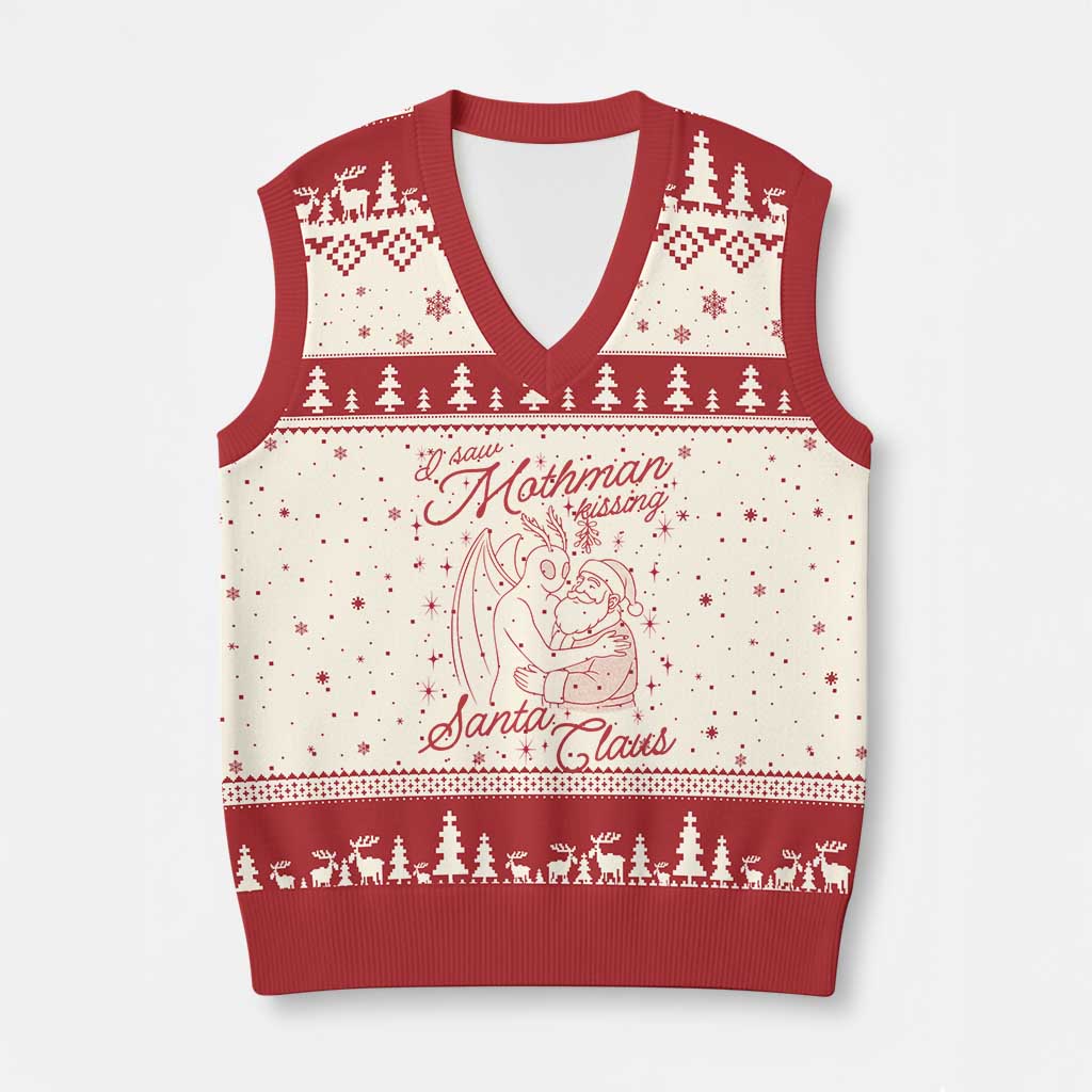I Saw Mothman Kissing Santa Claus V-Neck Knit Sweater Vest Funny Cryptid Xmas Gag Gift TS02 Beige Red Print Your Wear