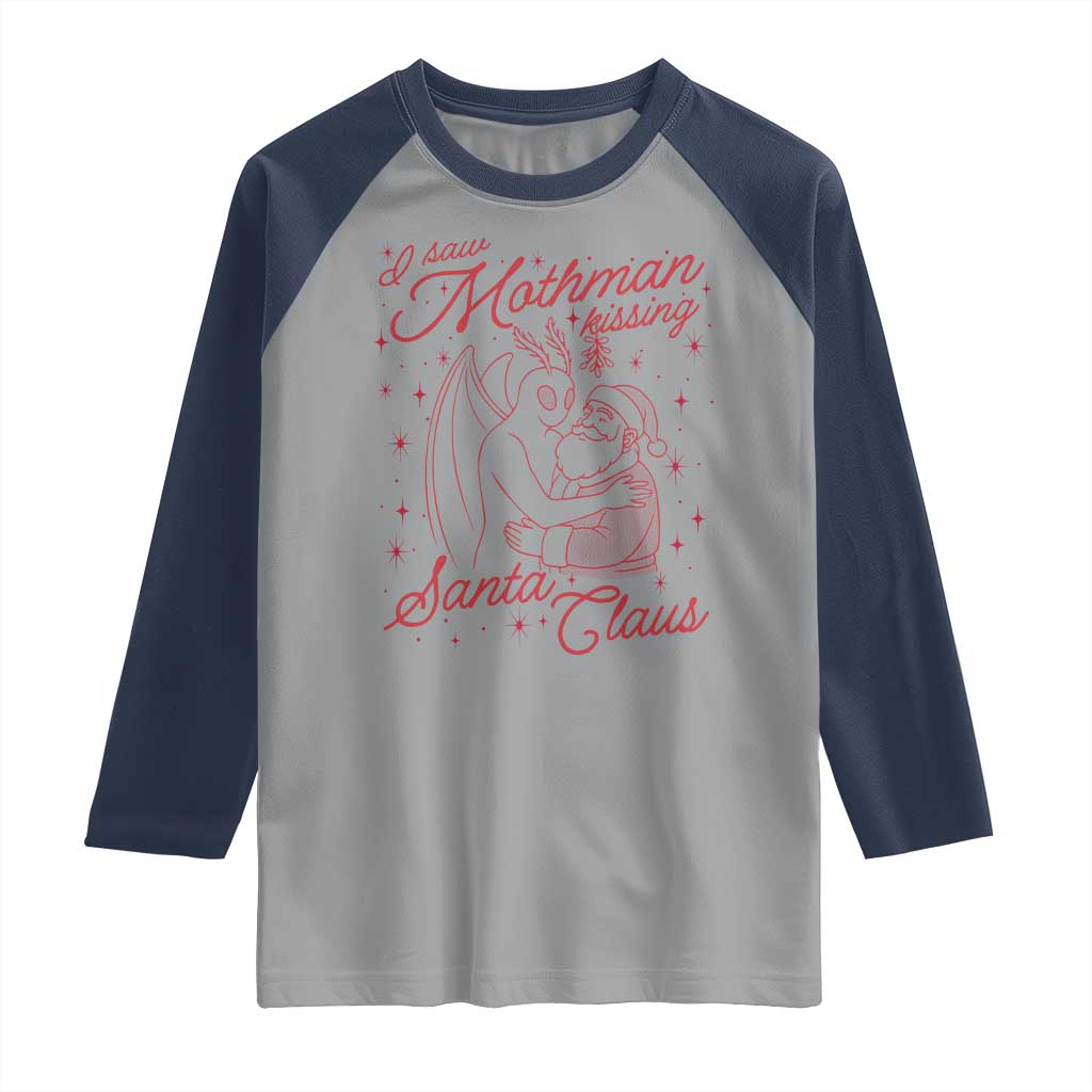 I Saw Mothman Kissing Santa Claus Raglan Shirt Funny Cryptid Christmas Gag Gift TS02 Sport Gray Navy Print Your Wear