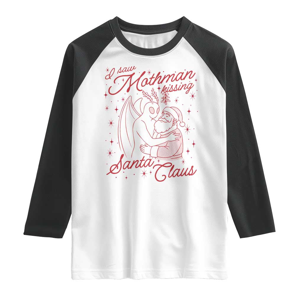 I Saw Mothman Kissing Santa Claus Raglan Shirt Funny Cryptid Christmas Gag Gift TS02 White Black Print Your Wear