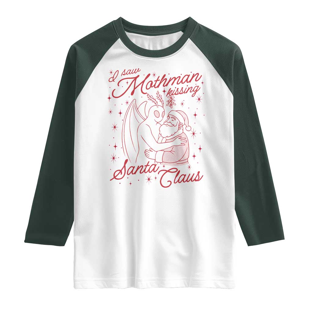 I Saw Mothman Kissing Santa Claus Raglan Shirt Funny Cryptid Christmas Gag Gift TS02 White Dark Forest Green Print Your Wear