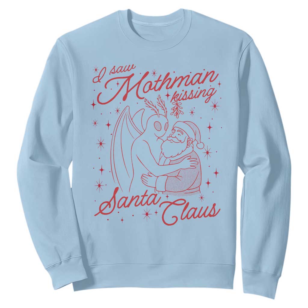 I Saw Mothman Kissing Santa Claus Sweatshirt Funny Cryptid Christmas Gag Gift TS02 Light Blue Print Your Wear