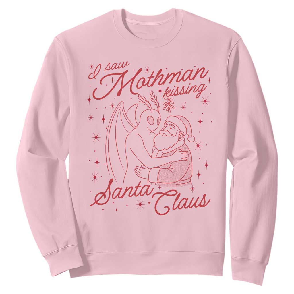 I Saw Mothman Kissing Santa Claus Sweatshirt Funny Cryptid Christmas Gag Gift TS02 Light Pink Print Your Wear