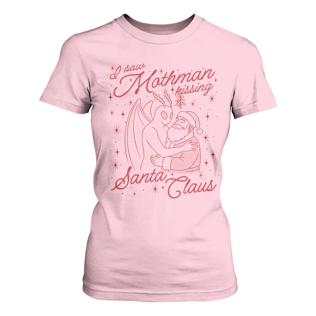 I Saw Mothman Kissing Santa Claus T Shirt For Women Funny Cryptid Christmas Gag Gift TS02 Light Pink Print Your Wear