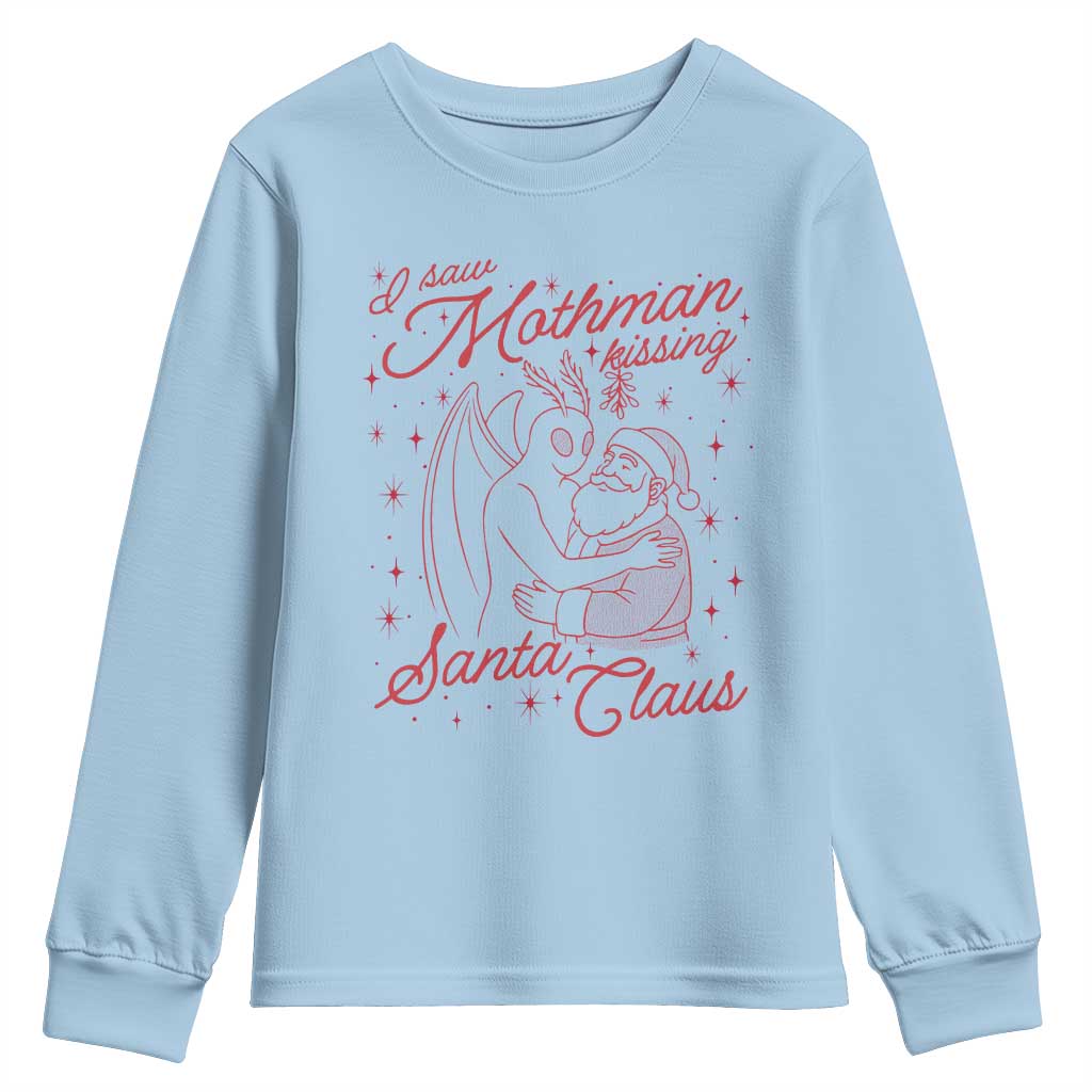 I Saw Mothman Kissing Santa Claus Youth Sweatshirt Funny Cryptid Christmas Gag Gift TS02 Light Blue Print Your Wear