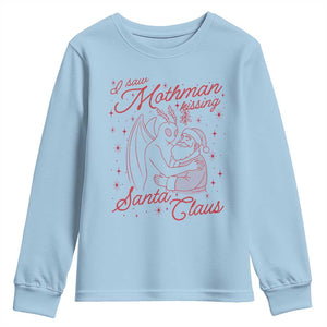 I Saw Mothman Kissing Santa Claus Youth Sweatshirt Funny Cryptid Christmas Gag Gift TS02 Light Blue Print Your Wear