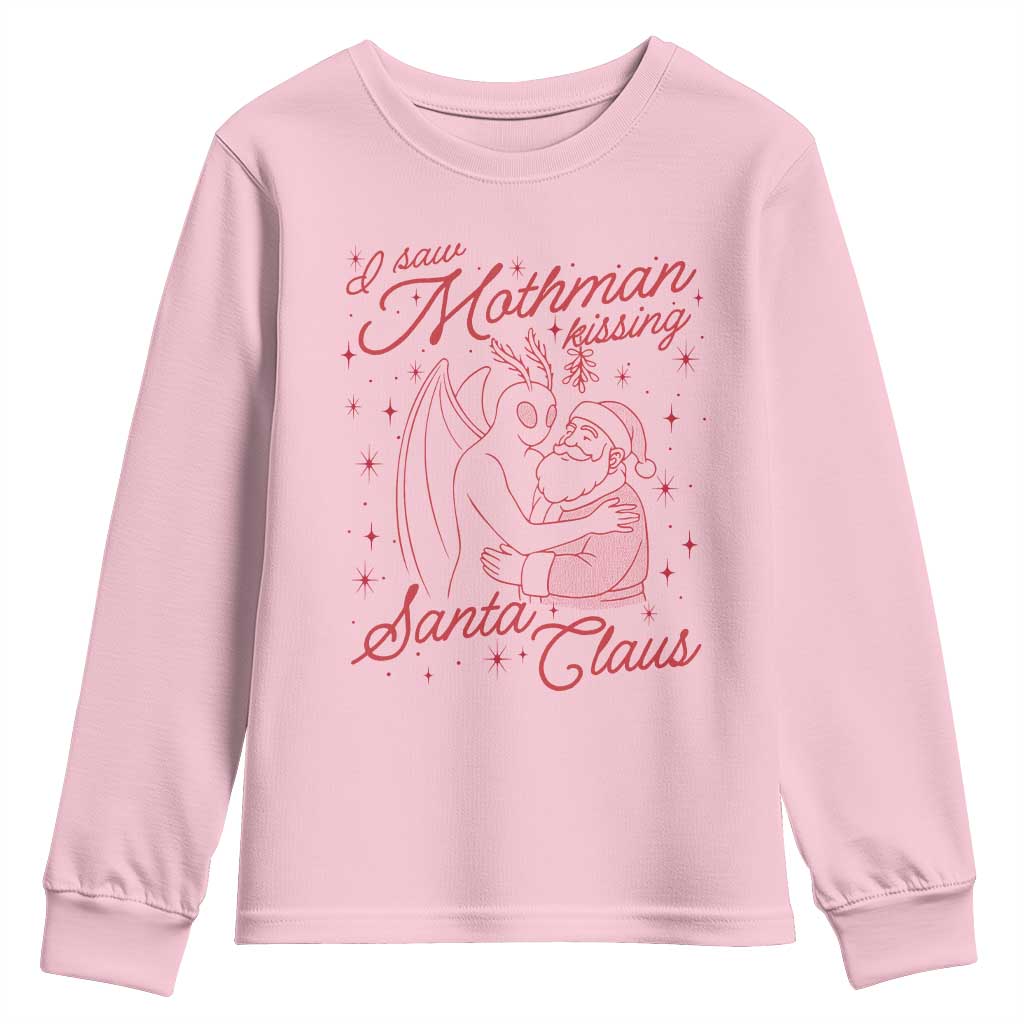 I Saw Mothman Kissing Santa Claus Youth Sweatshirt Funny Cryptid Christmas Gag Gift TS02 Light Pink Print Your Wear