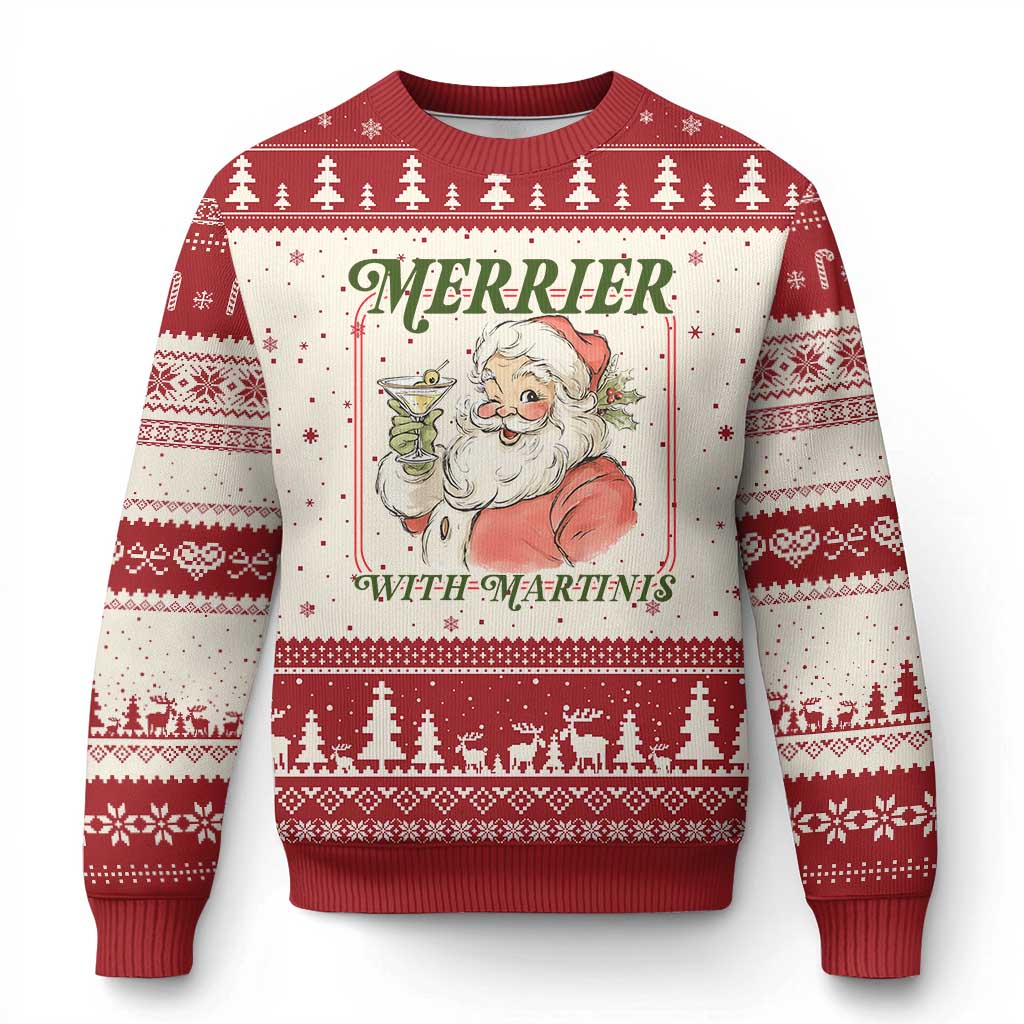 Merrier With Martinis Ugly Christmas Sweater Funny Retro Santa Xmas Cocktail Lover TS02 Beige Red Print Your Wear