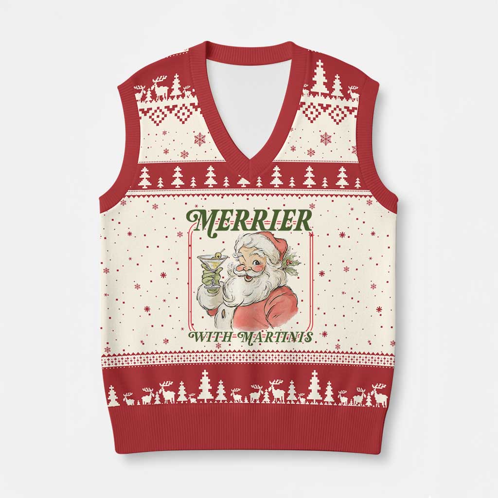 Merrier With Martinis V-Neck Knit Sweater Vest Funny Retro Santa Xmas Cocktail Lover TS02 Beige Red Print Your Wear