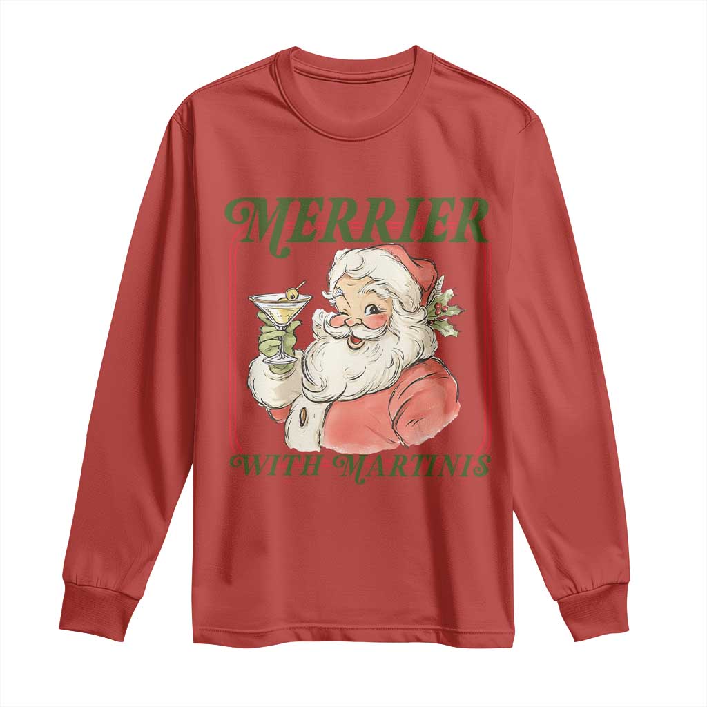 Merrier With Martinis Long Sleeve Shirt Funny Retro Santa Christmas Cocktail Lover TS02 Red Print Your Wear