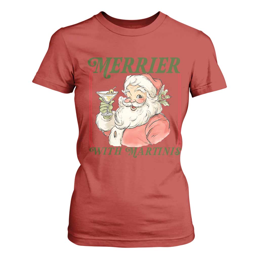 Merrier With Martinis T Shirt For Women Funny Retro Santa Christmas Cocktail Lover TS02 Red Print Your Wear