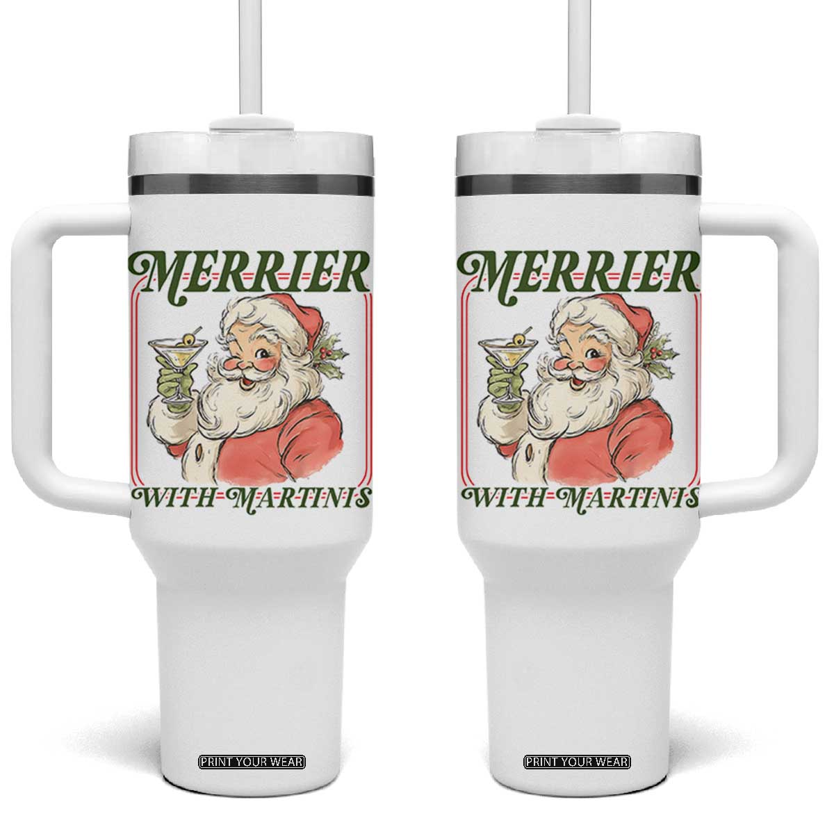 Merrier With Martinis Tumbler With Handle Funny Retro Santa Christmas Cocktail Lover TS02 One Size: 40 oz White Print Your Wear
