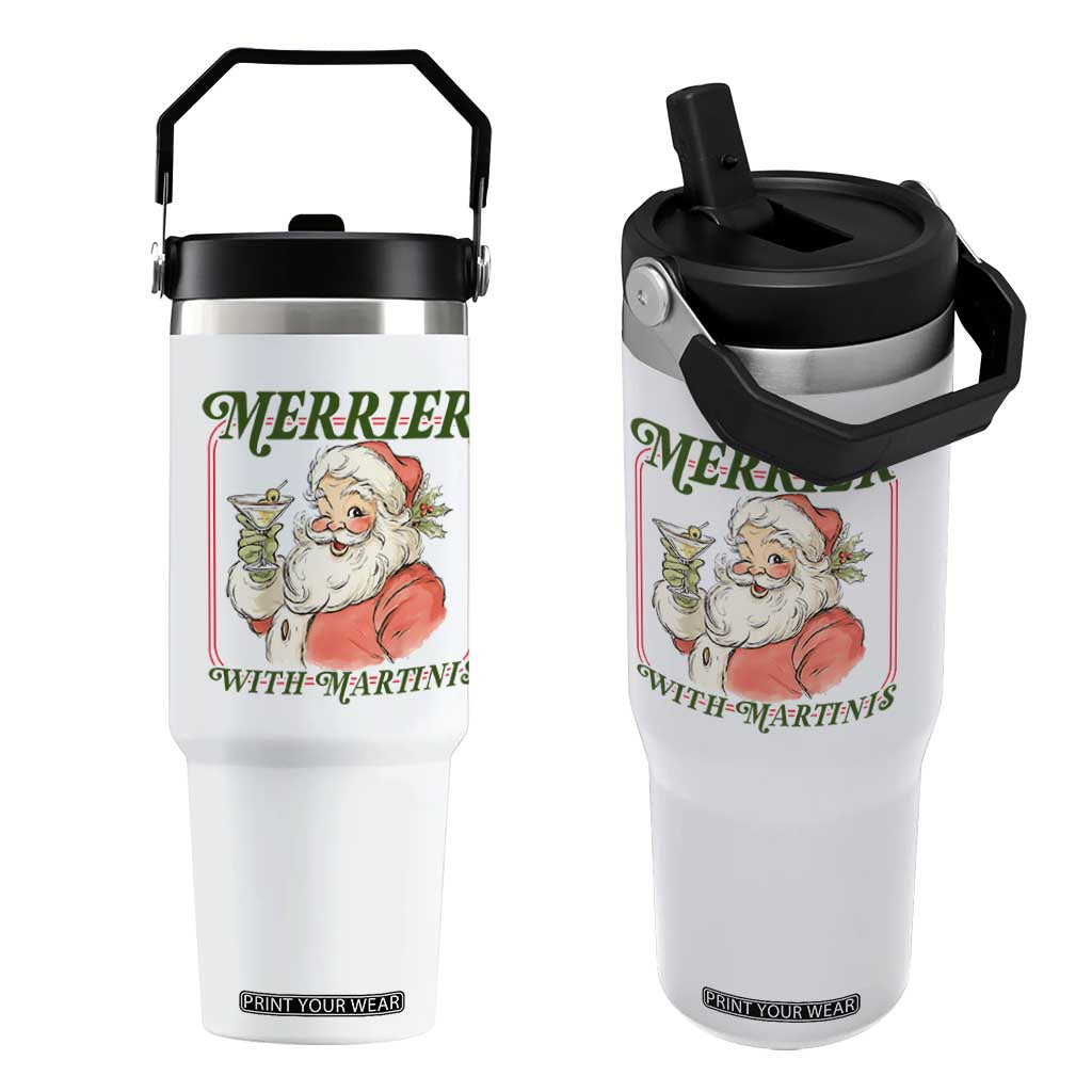 Merrier With Martinis Flip Straw Tumbler Funny Retro Santa Christmas Cocktail Lover TS02 One Size: 30 oz White Print Your Wear