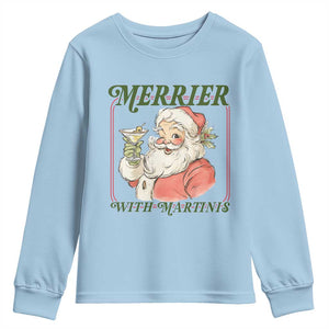 Merrier With Martinis Youth Sweatshirt Funny Retro Santa Christmas Cocktail Lover TS02 Light Blue Print Your Wear