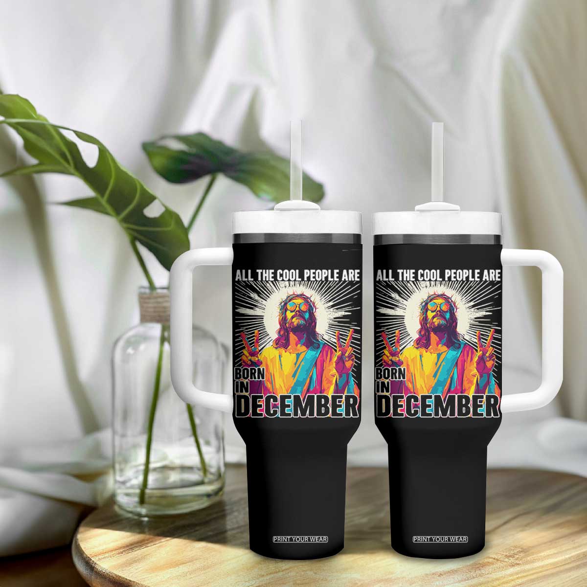 All the Cool People Are Born in December Tumbler With Handle Funny Trippy Neon Jesus Birthday Meme TS02 Print Your Wear