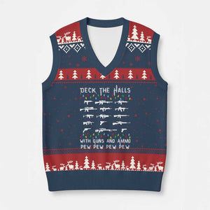 Deck the Halls with Guns and Ammo V-Neck Knit Sweater Vest Funny Pew Pew Xmas Meme for Second Amendment Fans TS02 Navy Red Print Your Wear