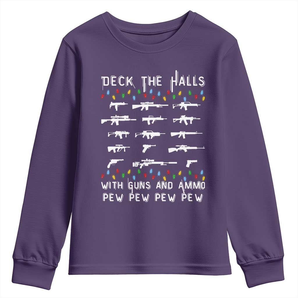 Deck the Halls with Guns and Ammo Youth Sweatshirt Funny Pew Pew Christmas Meme for Second Amendment Fans TS02 Purple Print Your Wear