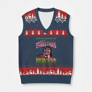 Funny Retro Merry Xmas Nukka Parody V-Neck Knit Sweater Vest Xmas Throwback Parody Urban Comedy TS02 Navy Red Print Your Wear