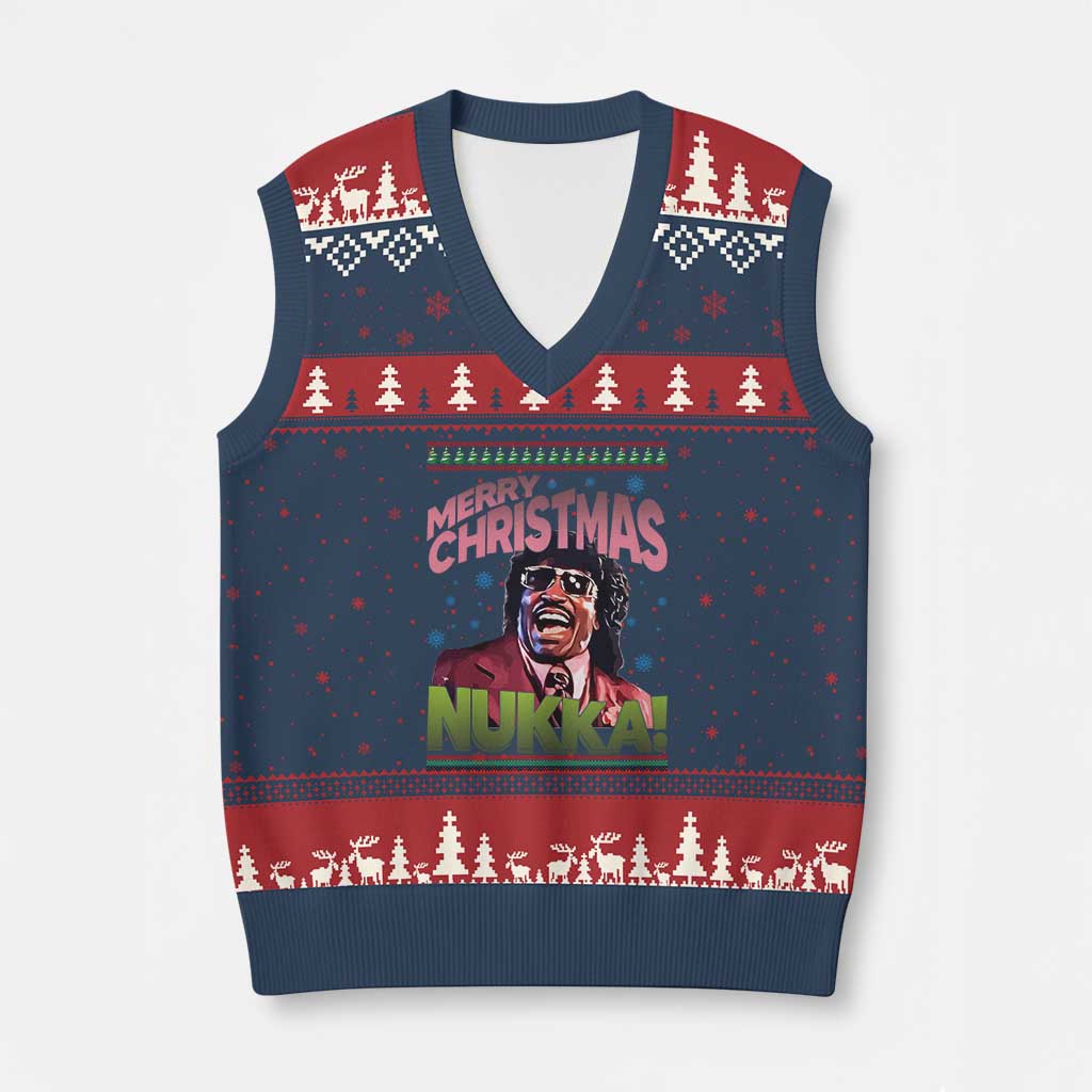 Funny Retro Merry Xmas Nukka Parody V-Neck Knit Sweater Vest Xmas Throwback Parody Urban Comedy TS02 Navy Red Print Your Wear