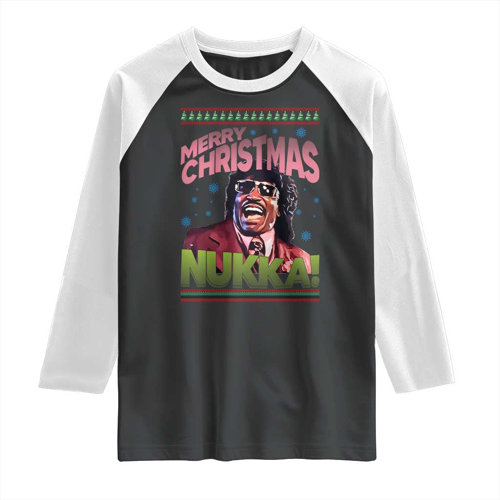 Funny Retro Merry Christmas Nukka Parody Raglan Shirt Xmas Throwback Parody Urban Comedy TS02 Black White Print Your Wear