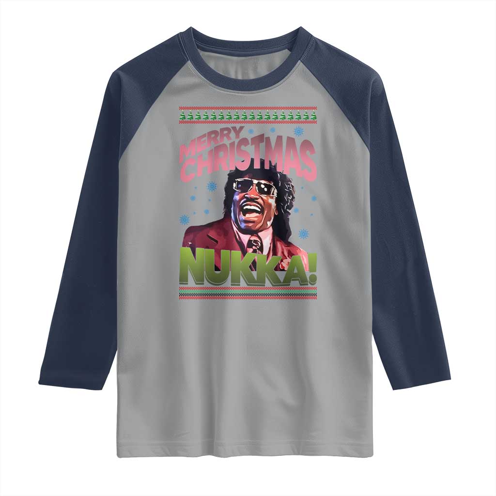 Funny Retro Merry Christmas Nukka Parody Raglan Shirt Xmas Throwback Parody Urban Comedy TS02 Sport Gray Navy Print Your Wear