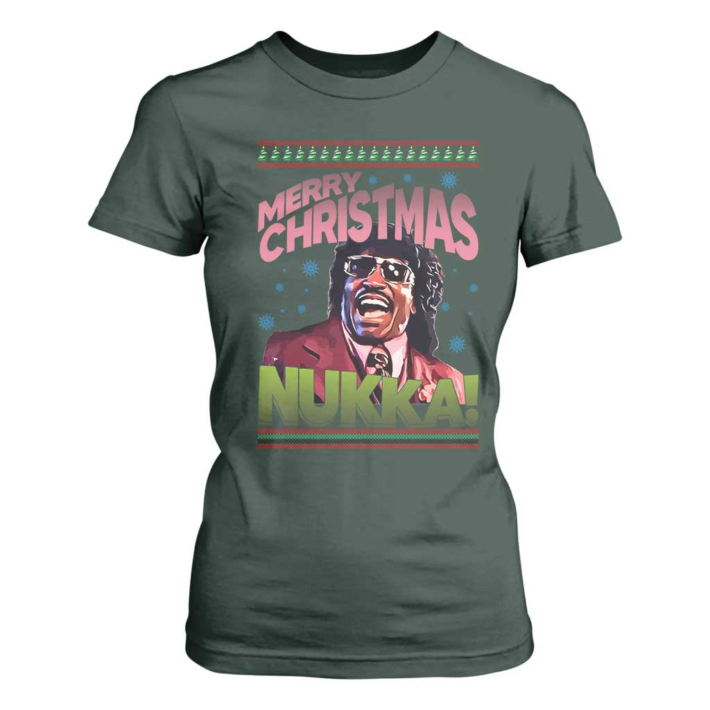 Funny Retro Merry Christmas Nukka Parody T Shirt For Women Xmas Throwback Parody Urban Comedy TS02 Dark Forest Green Print Your Wear