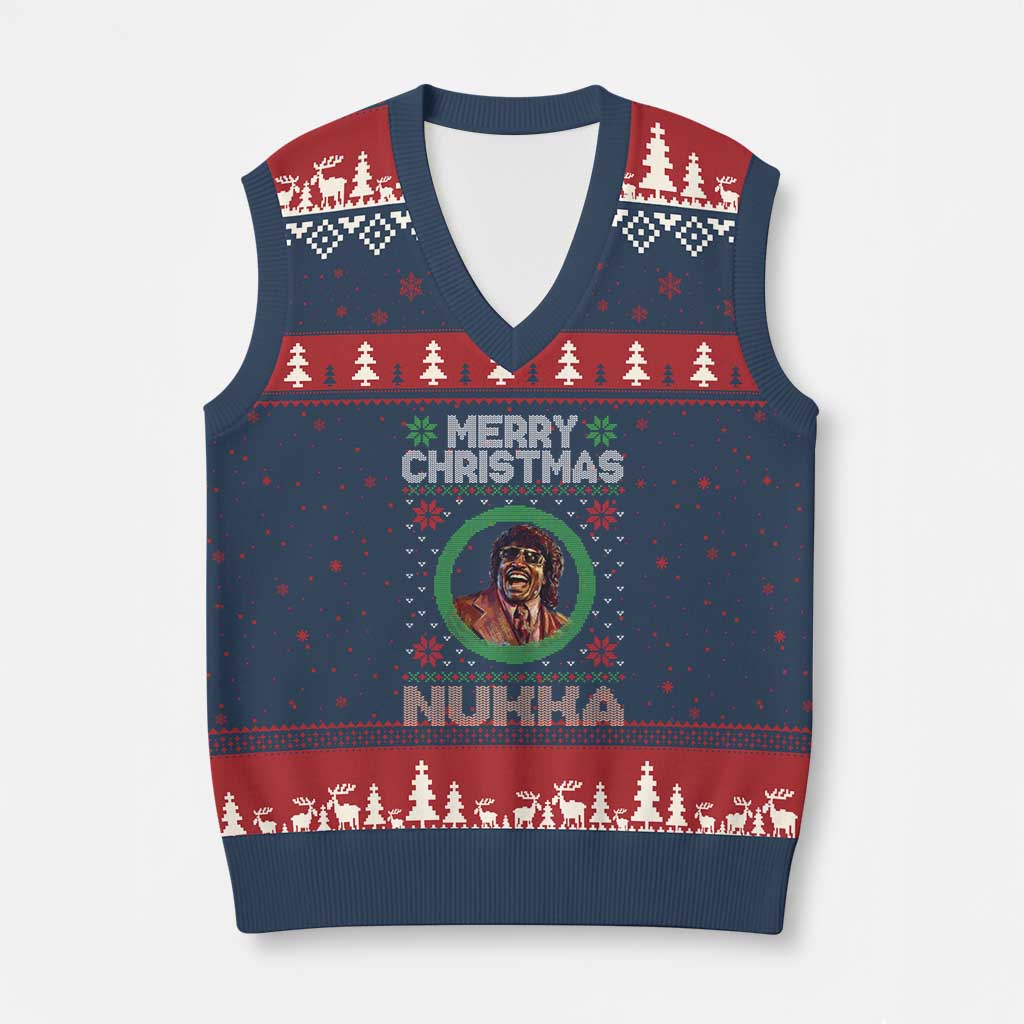 Funny Retro Merry Xmas Nukka Parody V-Neck Knit Sweater Vest Holiday Cheer 90s Xmas Throwback Parody TS02 Navy Red Print Your Wear