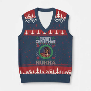 Funny Retro Merry Xmas Nukka Parody V-Neck Knit Sweater Vest Holiday Cheer 90s Xmas Throwback Parody TS02 Navy Red Print Your Wear