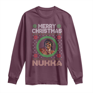 Funny Retro Merry Christmas Nukka Parody Long Sleeve Shirt Holiday Cheer 90s Xmas Throwback Parody TS02 Maroon Print Your Wear