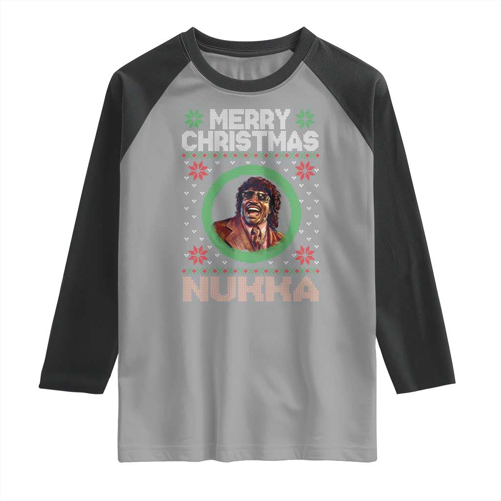 Funny Retro Merry Christmas Nukka Parody Raglan Shirt Holiday Cheer 90s Xmas Throwback Parody TS02 Sport Gray Black Print Your Wear