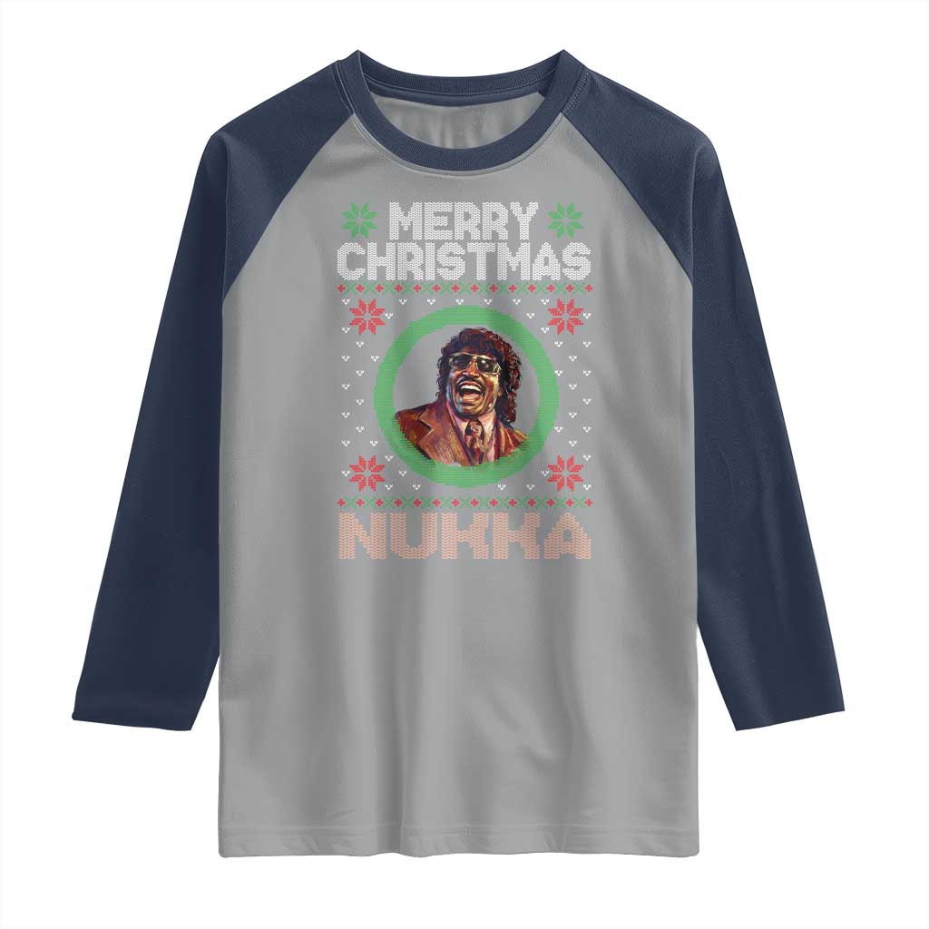 Funny Retro Merry Christmas Nukka Parody Raglan Shirt Holiday Cheer 90s Xmas Throwback Parody TS02 Sport Gray Navy Print Your Wear