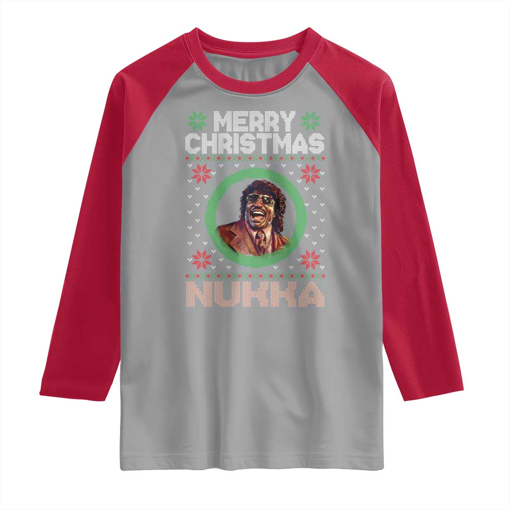 Funny Retro Merry Christmas Nukka Parody Raglan Shirt Holiday Cheer 90s Xmas Throwback Parody TS02 Sport Gray Red Print Your Wear