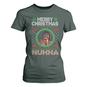 Funny Retro Merry Christmas Nukka Parody T Shirt For Women Holiday Cheer 90s Xmas Throwback Parody TS02 Dark Forest Green Print Your Wear