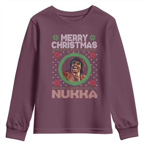 Funny Retro Merry Christmas Nukka Parody Youth Sweatshirt Holiday Cheer 90s Xmas Throwback Parody TS02 Maroon Print Your Wear
