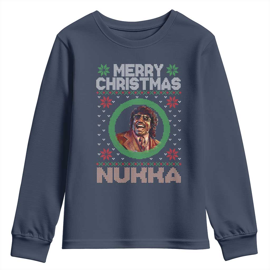 Funny Retro Merry Christmas Nukka Parody Youth Sweatshirt Holiday Cheer 90s Xmas Throwback Parody TS02 Navy Print Your Wear