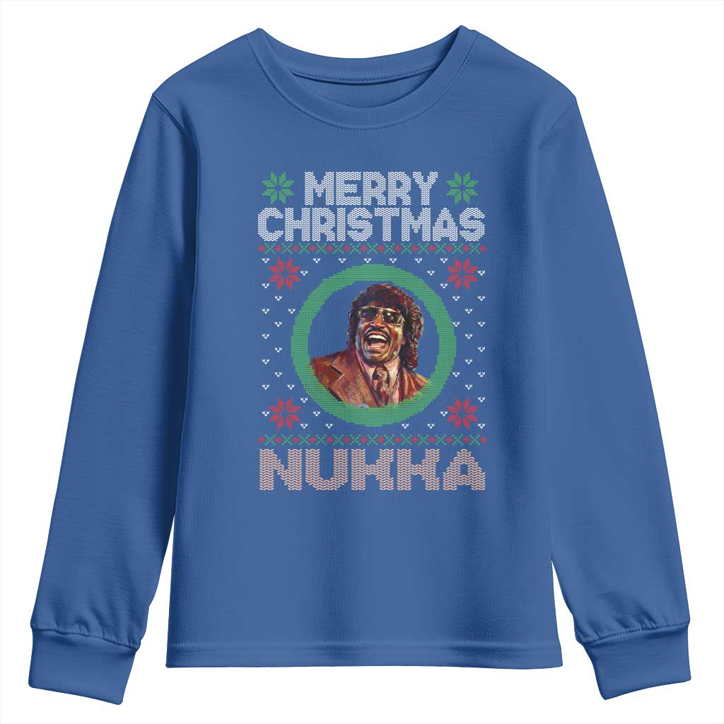 Funny Retro Merry Christmas Nukka Parody Youth Sweatshirt Holiday Cheer 90s Xmas Throwback Parody TS02 Royal Blue Print Your Wear