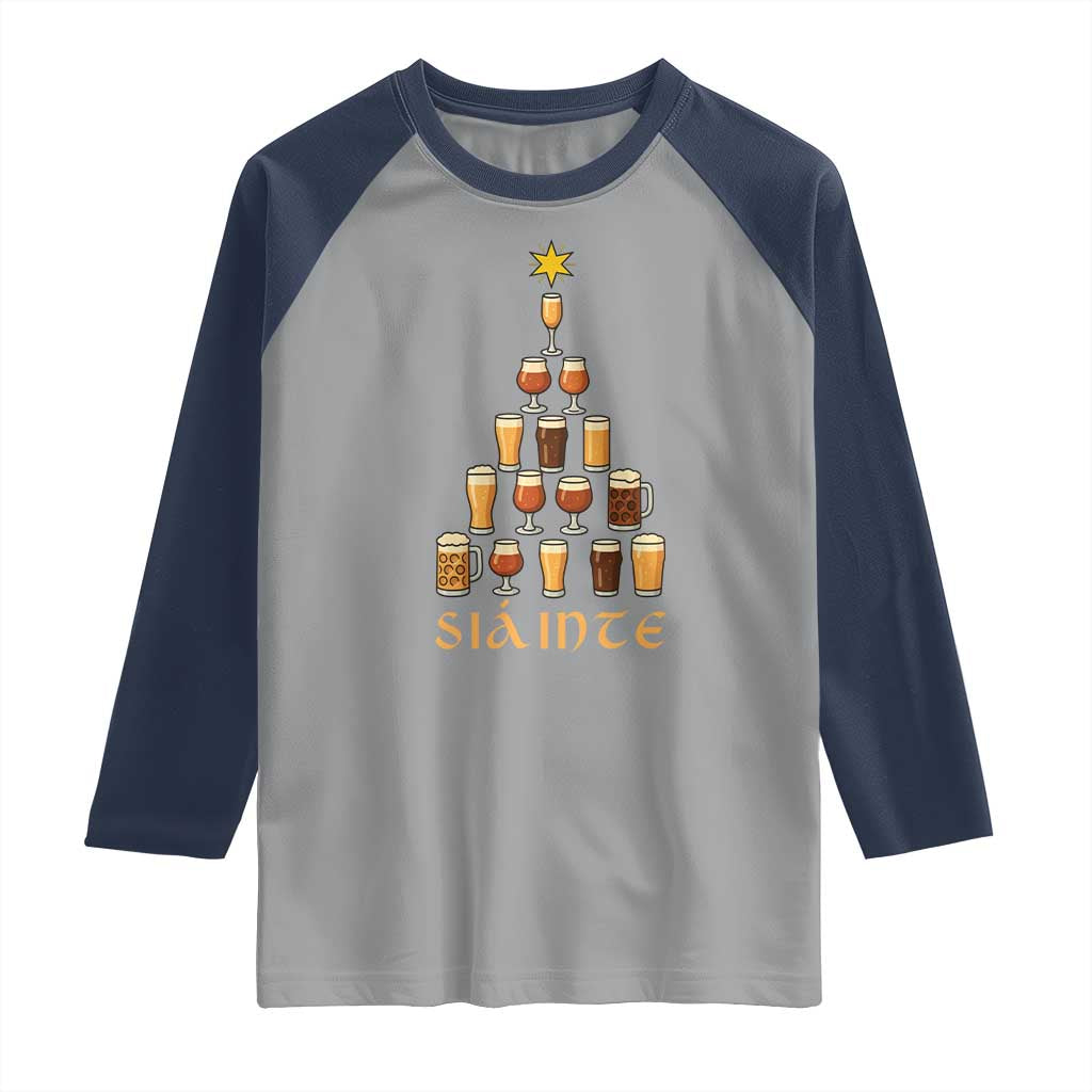 Sláinte Christmas Tree Pint Glass Raglan Shirt Ale Glass Beer Drinking Lover Holiday Party TS02 Sport Gray Navy Print Your Wear