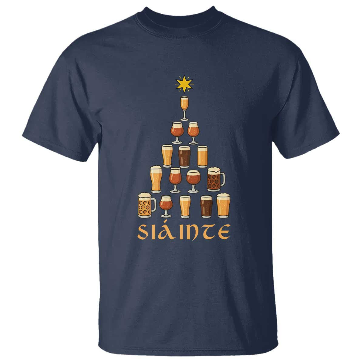 Sláinte Christmas Tree Pint Glass T Shirt Ale Glass Beer Drinking Lover Holiday Party TS02 Navy Print Your Wear