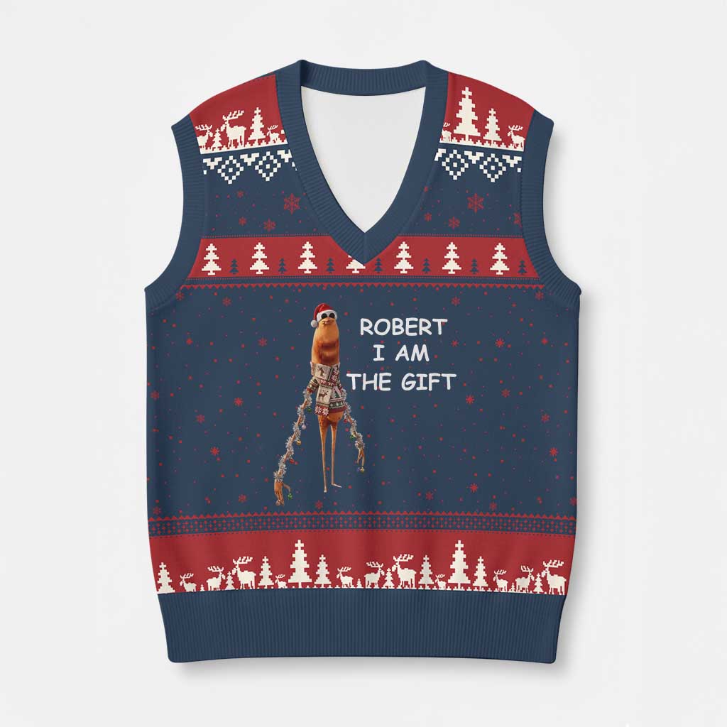 Funny Marcus the Worm in Ugly Xmas Sweater V-Neck Knit Sweater Vest Robert I Am the Gift Meme Holiday Humor TS02 Navy Red Print Your Wear
