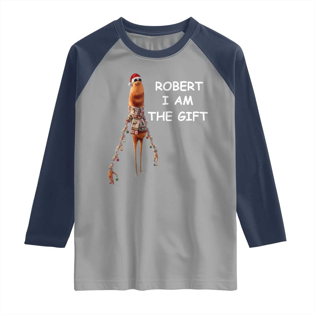 Funny Marcus the Worm in Ugly Christmas Sweater Raglan Shirt Robert I Am the Gift Meme Holiday Humor TS02 Sport Gray Navy Print Your Wear